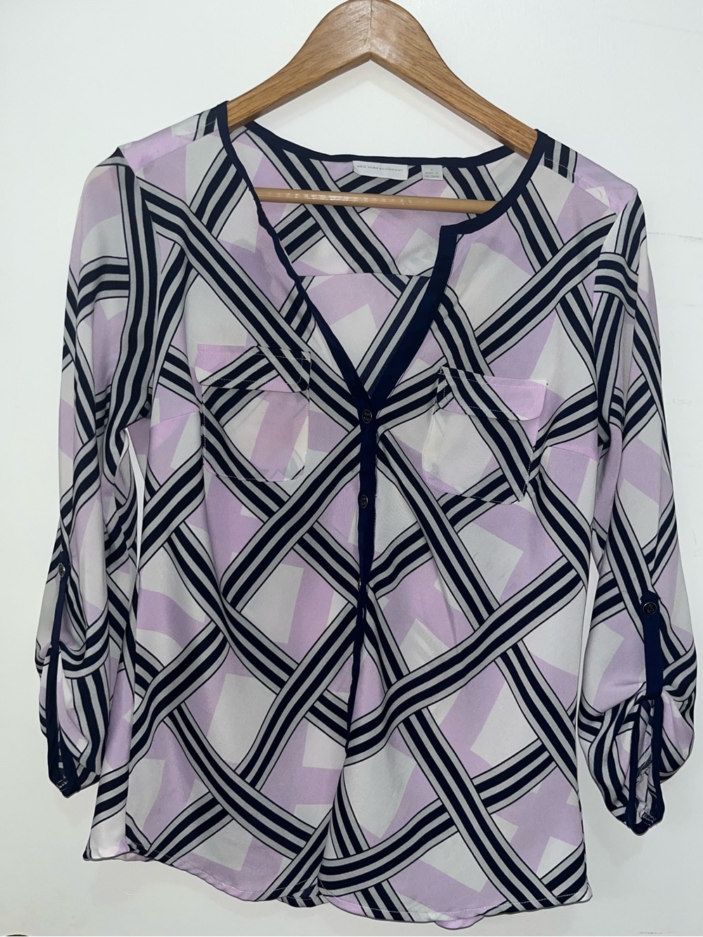 Geometric Button-Down Blouse - Lavender & Navy